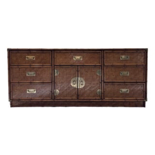 Vintage Woven Herringbone Faux Bamboo Rattan and Brass Dresser For Sale