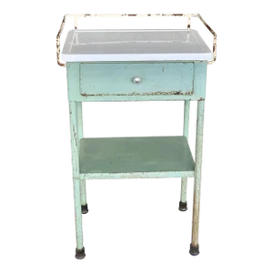 Antique Enamel Metal Hospital Side Table With Removable Tray Top