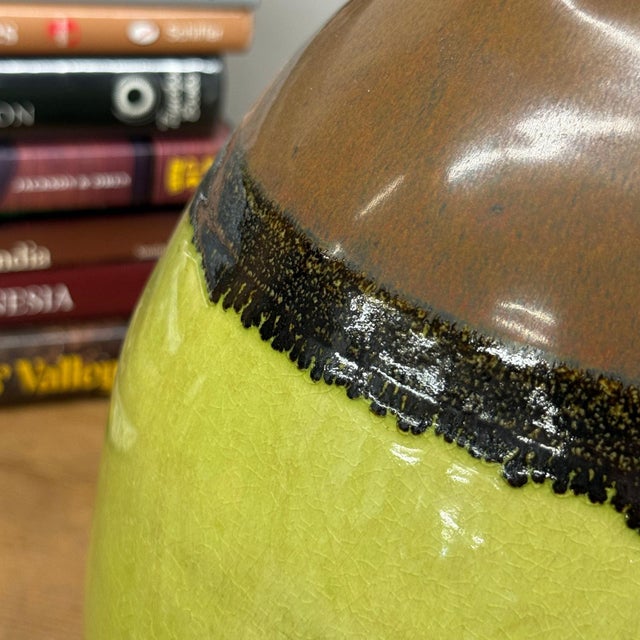 Ceramic Round Pistachio Green Ceramic Vase with Brown Curved Top For Sale - Image 7 of 9