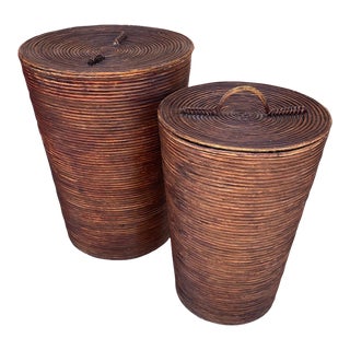 Large Gabriella Crespi Style Dark Brown Pencil Reed Nesting Baskets/Bins-Pair For Sale