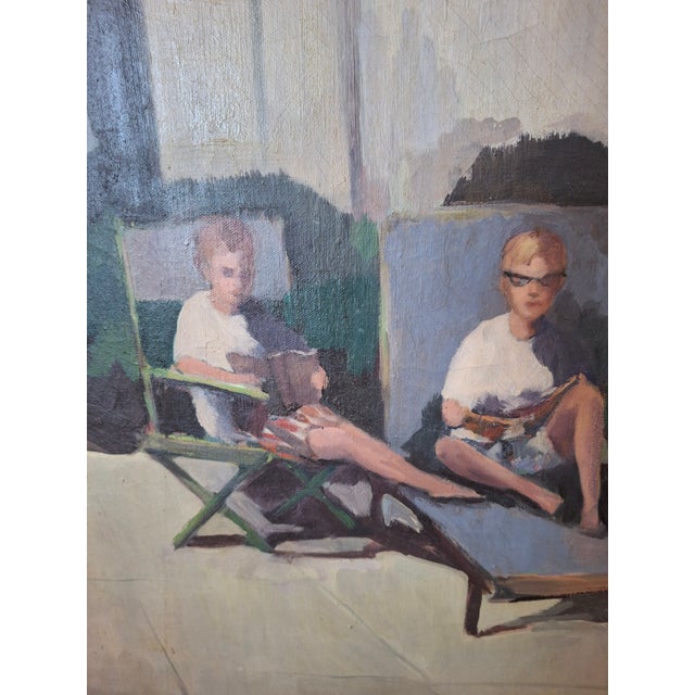 Mid 20th Century Vintage Framed Signed Oil Painting on Canvas of 2 Boys Lounging Outside For Sale - Image 5 of 5