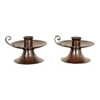 Roycroft Arts & Crafts Hammered Copper Handled Candlesticks, Pair For Sale