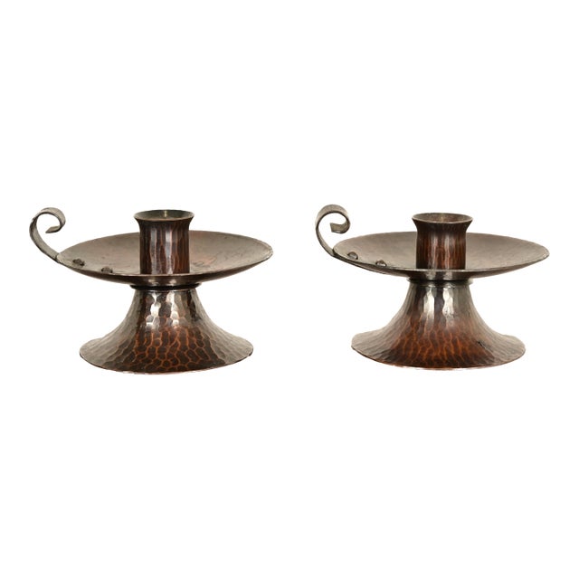 Roycroft Arts & Crafts Hammered Copper Handled Candlesticks, Pair For Sale