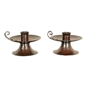 Roycroft Arts & Crafts Hammered Copper Handled Candlesticks, Pair
