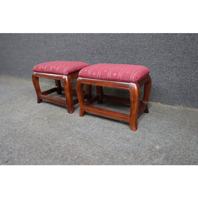 Late 20th Century Pair of Ethan Allen Chinoiserie Style Upholstered Footstools For Sale - Image 5 of 13