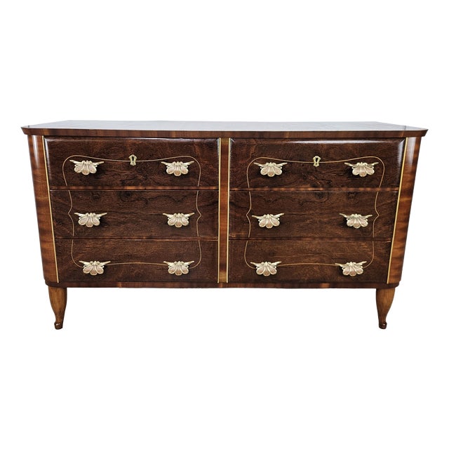Art Deco Chest of Drawers in Walnut Burl and Brass, 1950 For Sale