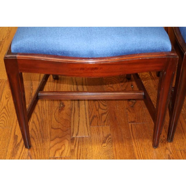 1990s Set of 8 Regency Style Solid Mahogany Fleur-De-Lis Blue Fabric Dining Chairs For Sale - Image 14 of 18