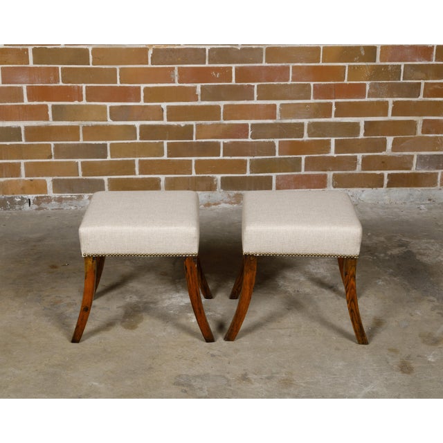 Pair of English 19th Century Oak Stools with Saber Legs and Custom Upholstery For Sale In Atlanta - Image 6 of 12