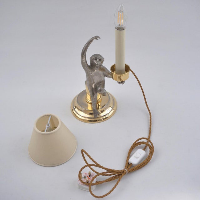 1970's Italian Surrealist Monkey Candlestick Table Lamp by Hauy Pouigo, Signed, Silver Plated Bronze & Brass - Rewired For Sale - Image 9 of 14