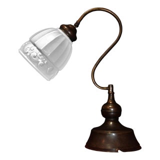 Vintage French Art Deco Adjustable Bronze and Opaline Glass Table Lamp, 1930s For Sale