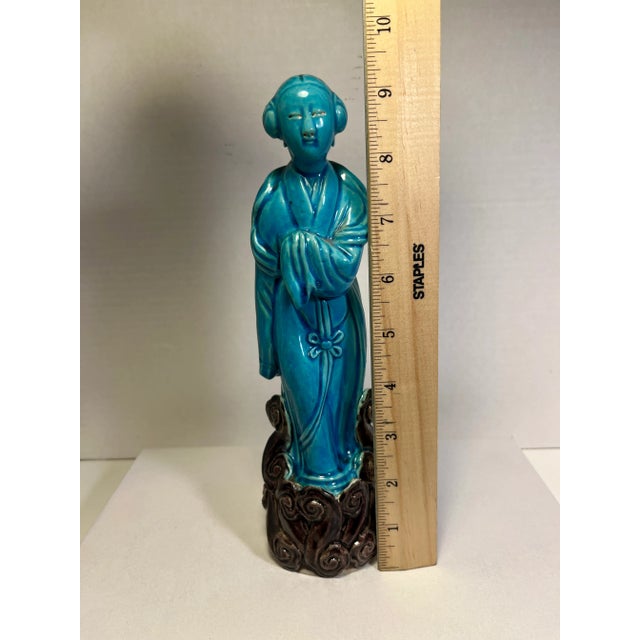 Ceramic 1940s Republic Period Chinese Turquoise Blue Glazed Porcelain Figurine by 鄧榮昌造 Deng RongTzan For Sale - Image 7 of 7