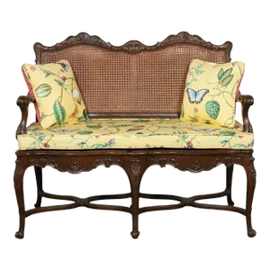 French Louis XV Style Carved Fruitwood & Cane Settee