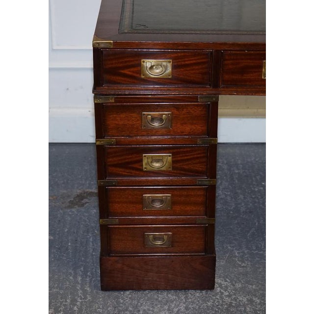 Gold Fine Military Campaign Twin Pedestal Desk with Green Leather Top For Sale - Image 8 of 18