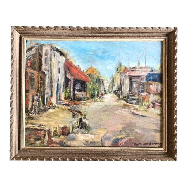 Original Vintage 1960’s Eastern European Village Scene Painting by Gertrude Hammer For Sale