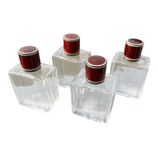 19th C. Red Guilloche Enamel, Sterling and Crystal Vessels - Set of Four Large Fragrance Bottles For Sale