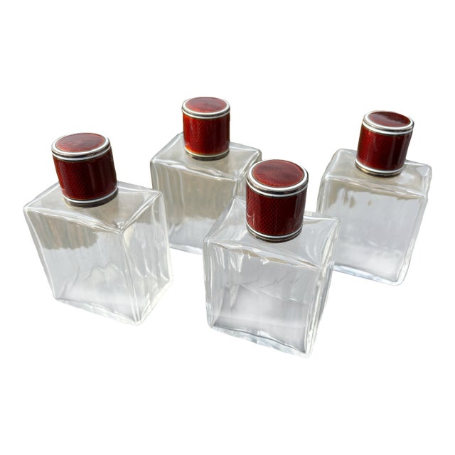 19th C. Red Guilloche Enamel, Sterling and Crystal Vessels - Set of Four Large Fragrance Bottles For Sale
