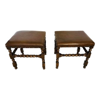 English Walnut Ottoman/Bench With Turned Wood Legs and Leather Seats - a Pair For Sale