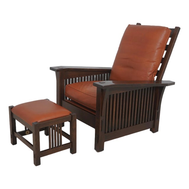 Stickley Mission Oak Leather Morris Chair With Ottoman For Sale