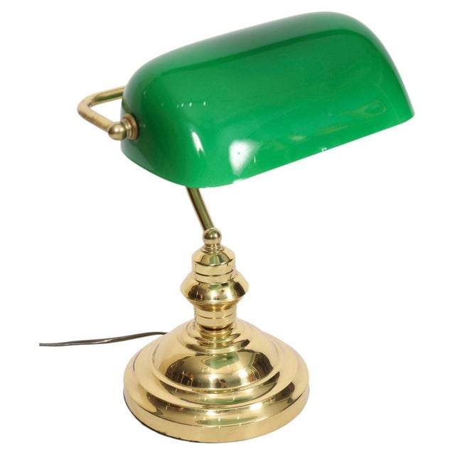 Vintage Green Glass Brass Articulated Bankers Desk Lamp For Sale - Image 9 of 9