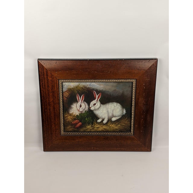 Vintage Rabbit Oil Painting in Brown, Cream & Green With Carved Gilt Wood Frame For Sale - Image 12 of 14