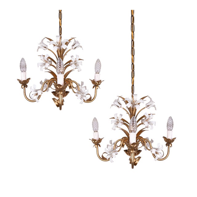 Paint Gilt Chandeliers with White Enamel Lily Flowers, 1950s For Sale - Image 7 of 8