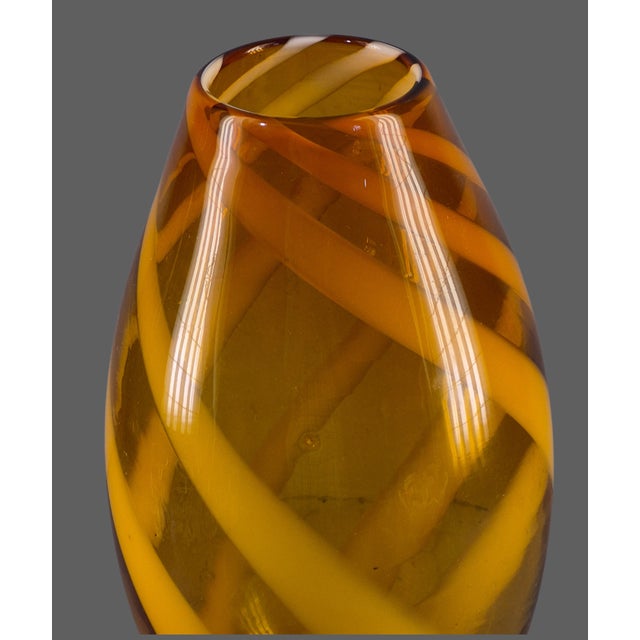Late 20th Century Mid-Century Modern Hand-Blown Cased Glass Warm Amber White Ribbon 14.5'' Vase For Sale - Image 5 of 10