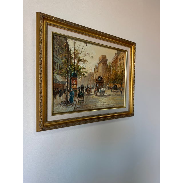Elegant vintage European Impressionist-style cityscape oil painting depicting a lively Parisian boulevard scene with...