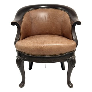 Vintage Leather Barrel Back Accent Chair With Carved Wood Frame For Sale