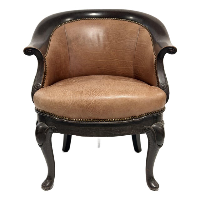 Vintage Leather Barrel Back Accent Chair With Carved Wood Frame For Sale
