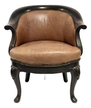 Vintage Leather Barrel Back Accent Chair With Carved Wood Frame