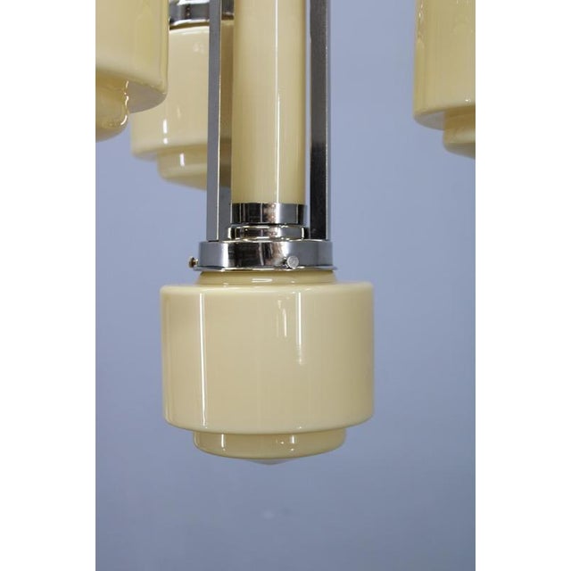 1930s Art Deco Nickel Pendant Light with Cream Glass Cylinders, 1930s For Sale - Image 5 of 15