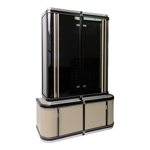 Vintage Art Deco Style Bar Cabinet in Lacquered Wood, Green Marble, Aluminium and Curved Smoked Glass, 1950s For Sale