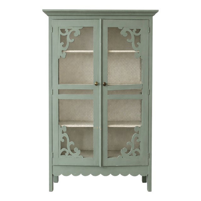 Antique Teal Painted Armoire With Chicken Wire, Scrollwork Cutouts & Scalloped Base For Sale