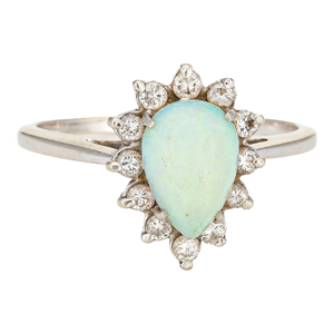 Natural Opal Diamond Ring Vintage 14k White Gold Pear Cocktail Jewelry Sz 10.5