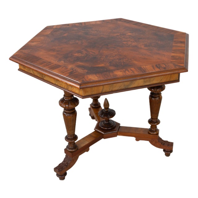 Antique Danish Hexagonal Walnut Burl Center Table, 1880s For Sale
