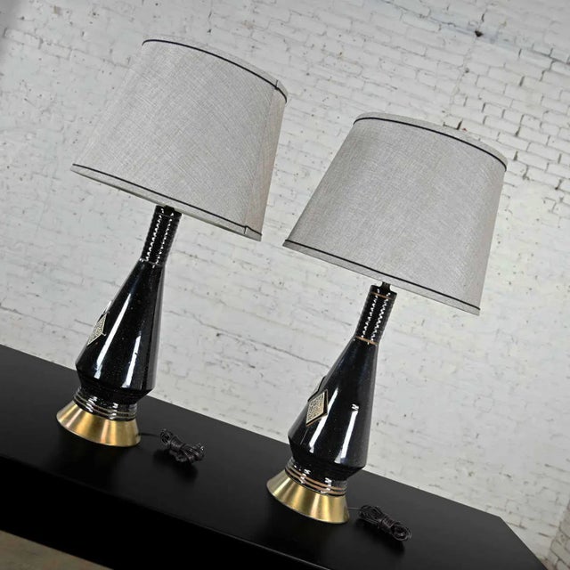 Mid-Century Modern Lamps Black Ceramic With Harlequin Style Diamond Design and Gray Shades For Sale - Image 6 of 13
