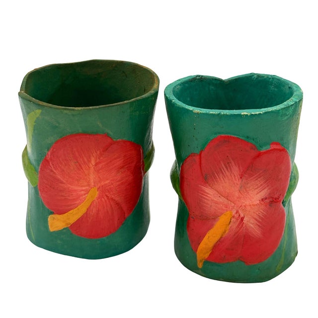 Coastal Mid 20th Century Hawaiian Hand Carved Napkins Rings W/ Hand Painted Floral, Set of 6 For Sale - Image 3 of 12