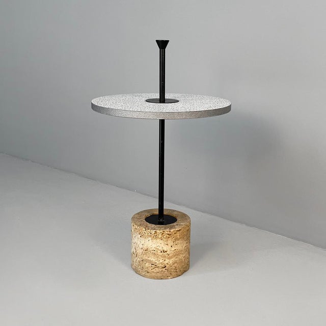 Italian Modern Round Side Table in Metal, Formica and Travertine, 1980s For Sale - Image 3 of 16