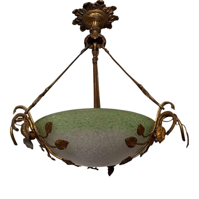 Antique Art Nouveau Muller Frères Glass & Gilt Bronze Pendant Chandelier For Sale