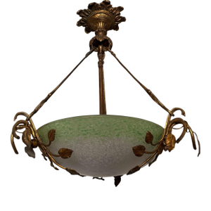 Antique Art Nouveau Muller Frères Glass & Gilt Bronze Pendant Chandelier