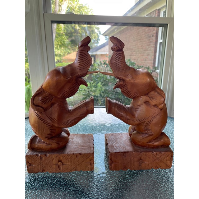 Wood Carved Mid Century Elephant Book Ends For Sale - Image 4 of 8