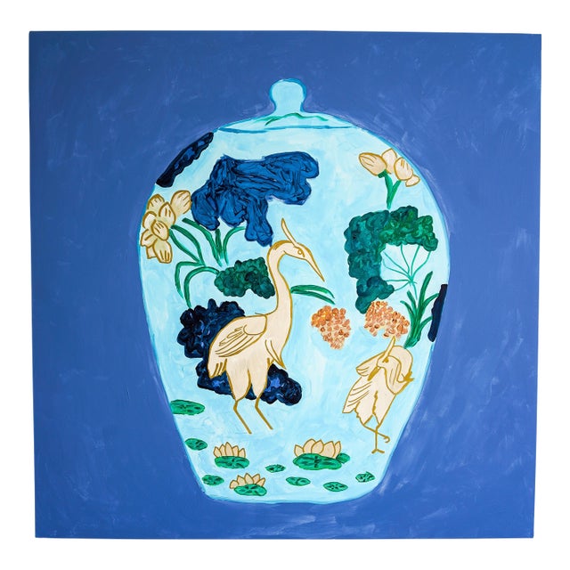 Contemporary Lotus and Crane Painting by Dorothy Collier, 36x36 Acrylic on Panel, Chinoiserie Bird Art, Blue Green Botanical Wall Art For Sale