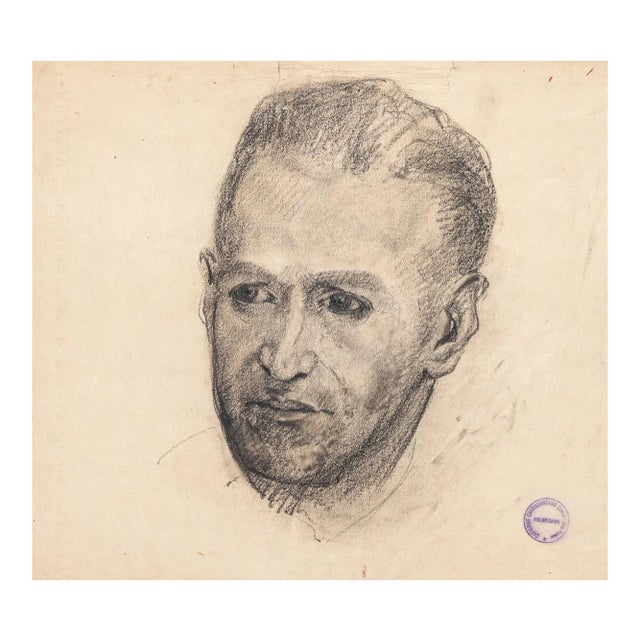 Paul Garin, Male Portrait, Pencil and Charcoal Drawing on Paper, 1950s For Sale