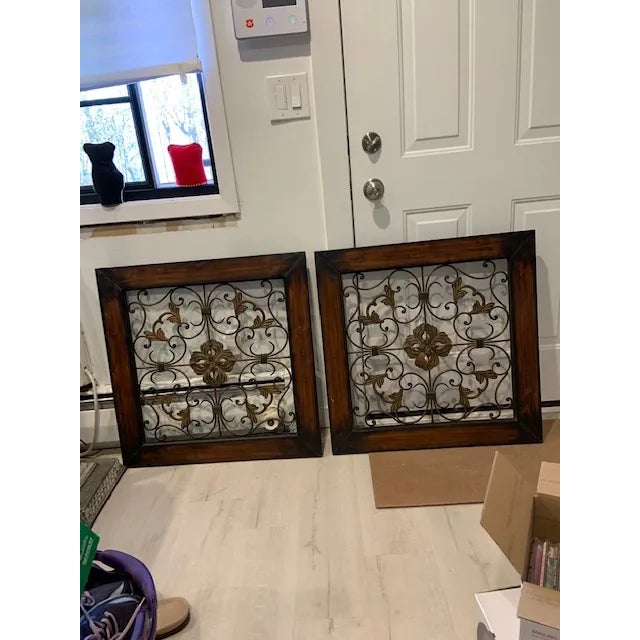 Chocolate Arts & Crafts Style Metal Wall Hangings - Set of 2 For Sale - Image 8 of 8