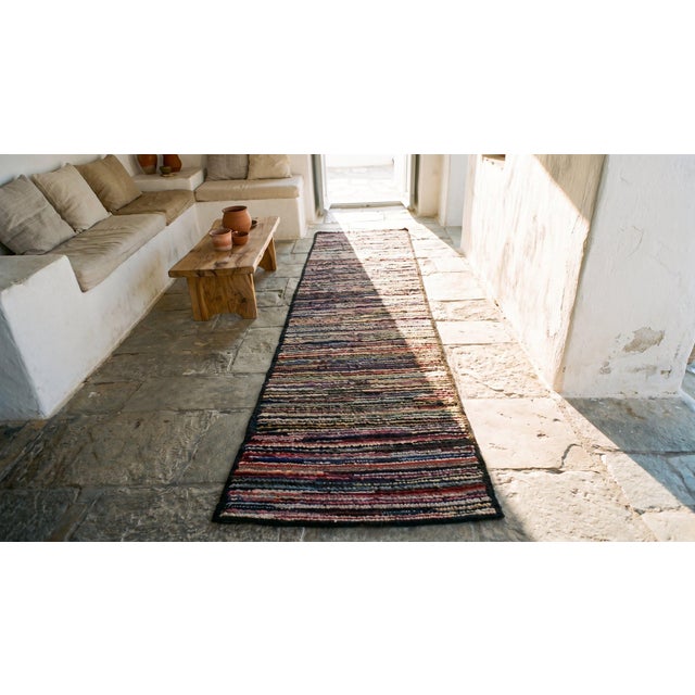 Textile 1930s Multicolor Abstract Stripe Antique American Hooked Rug 1'8" X 12'6" Handknotted Wool Carpet For Sale - Image 7 of 8