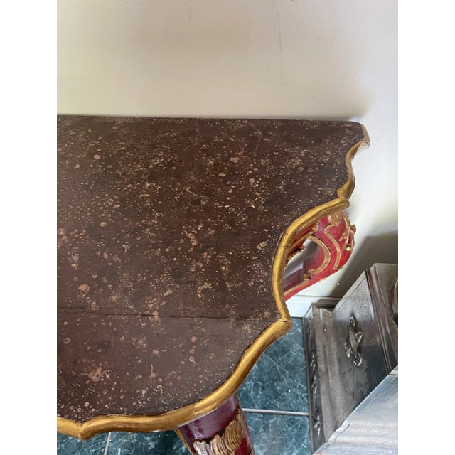 Red 19th Century Highly Carved Italian Red Console With Gold Decorations For Sale - Image 8 of 12