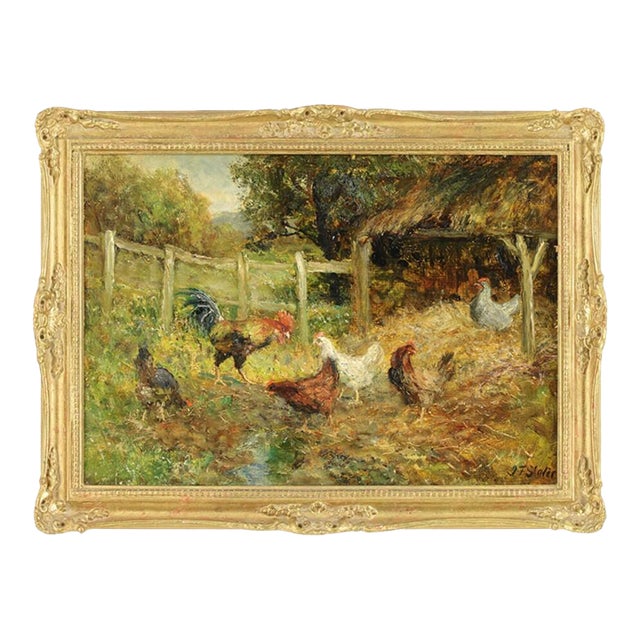 Chickens in a Farmyard Antique Oil John Falconer Slater (1857–1937) For Sale