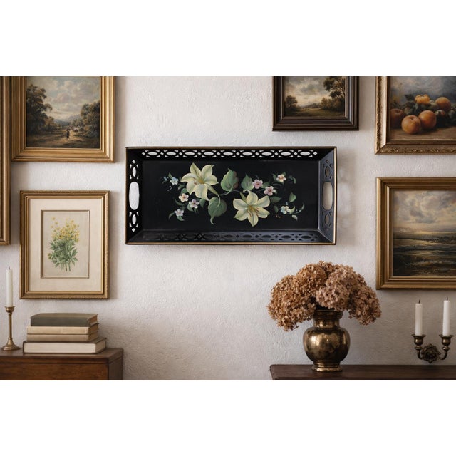 1950s Mid Century Toleware Floral Tray Bar Cart Sever Black Oblong For Sale - Image 5 of 15