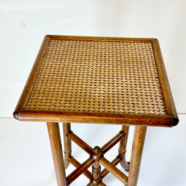 1950s Vintage Arts & Crafts Boho Chic Oak, Cane & Brass Stick & Ball Drinks Table For Sale - Image 9 of 13