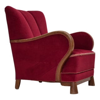 Danish Armchair in Red Velour and Oak, 1950s For Sale